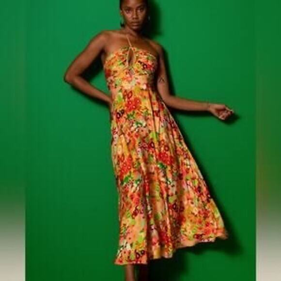 Carolina K Yellow Multicolor Floral Halter Sleeveless Cutout Midi Dress Size S - Picture 1 of 11